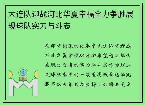 大连队迎战河北华夏幸福全力争胜展现球队实力与斗志
