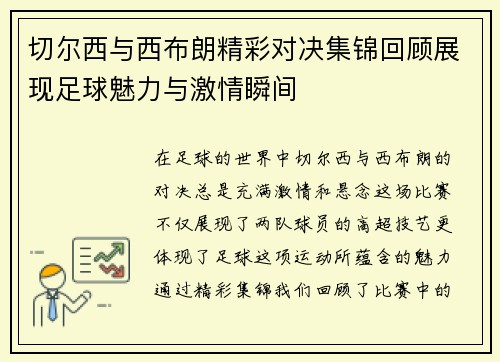 切尔西与西布朗精彩对决集锦回顾展现足球魅力与激情瞬间