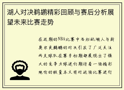 湖人对决鹈鹕精彩回顾与赛后分析展望未来比赛走势