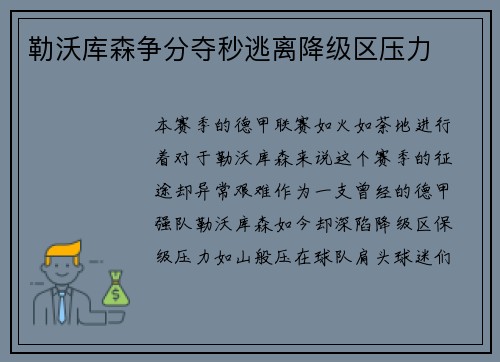 勒沃库森争分夺秒逃离降级区压力