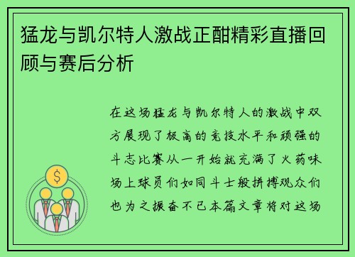 猛龙与凯尔特人激战正酣精彩直播回顾与赛后分析
