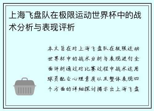 上海飞盘队在极限运动世界杯中的战术分析与表现评析