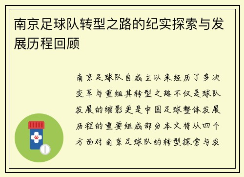 南京足球队转型之路的纪实探索与发展历程回顾