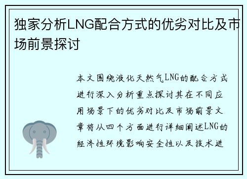 独家分析LNG配合方式的优劣对比及市场前景探讨