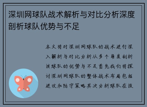 深圳网球队战术解析与对比分析深度剖析球队优势与不足