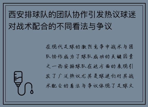 西安排球队的团队协作引发热议球迷对战术配合的不同看法与争议