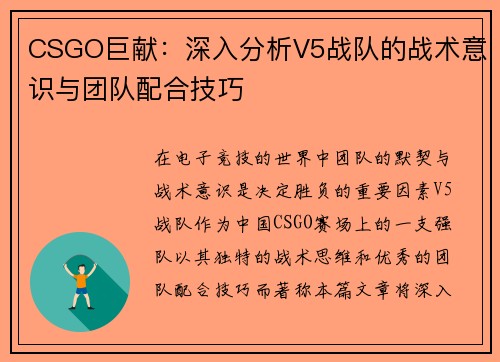 CSGO巨献：深入分析V5战队的战术意识与团队配合技巧