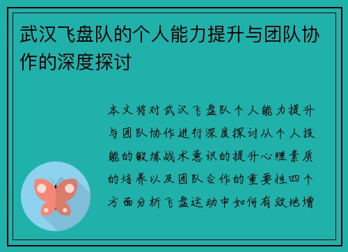 武汉飞盘队的个人能力提升与团队协作的深度探讨